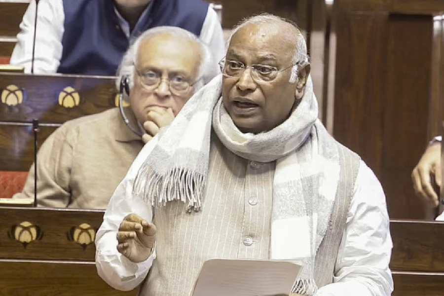 Mallikarjun Kharge speaks in the Rajya Sabha on Friday. 