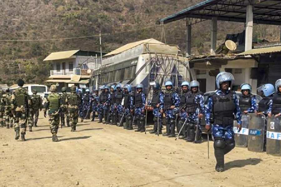 Security personnel keep vigil at Litan Sareikhong village Manipur’s Ukhrul district on February 9.