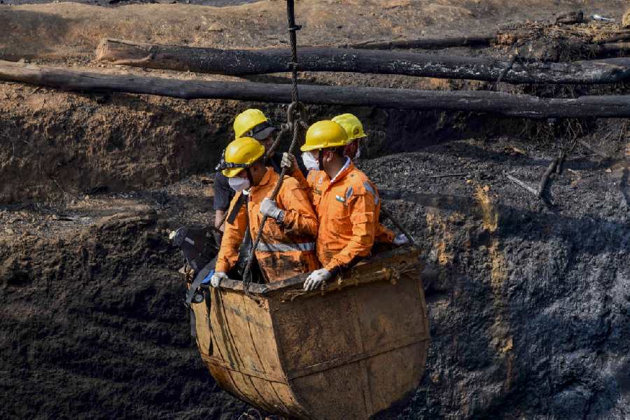 A rescue operation underway at the coal mine in Meghalaya’s East Jaintia Hills district on February 6.