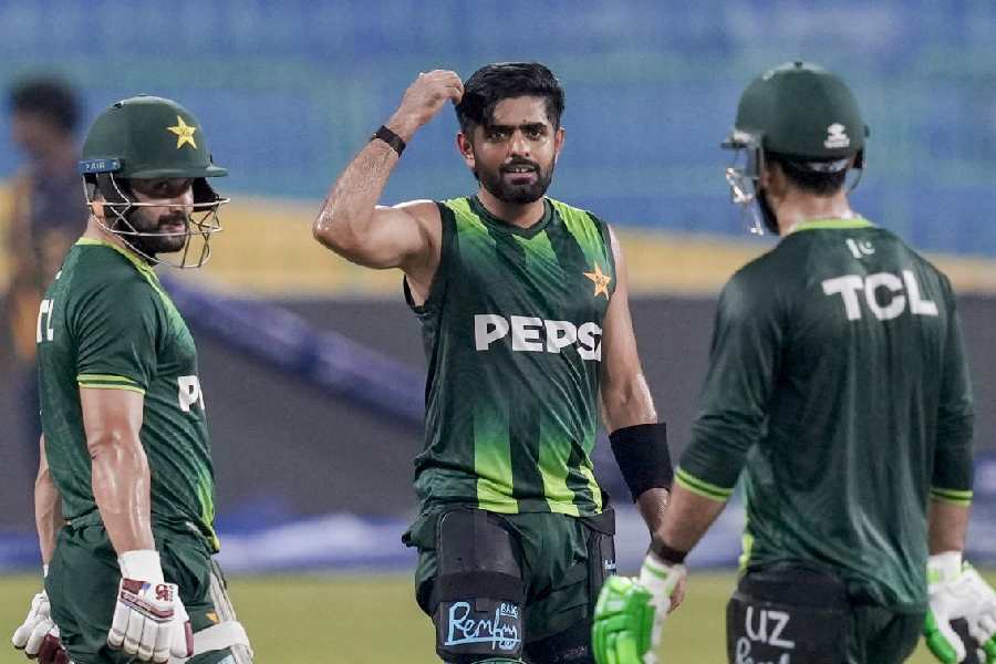 Sahibzada Farhan and (right) Babar Azam at Pakistan’s training session at the Premadasa on Friday. India reached Colombo on Friday night, ahead of their match on Sunday.