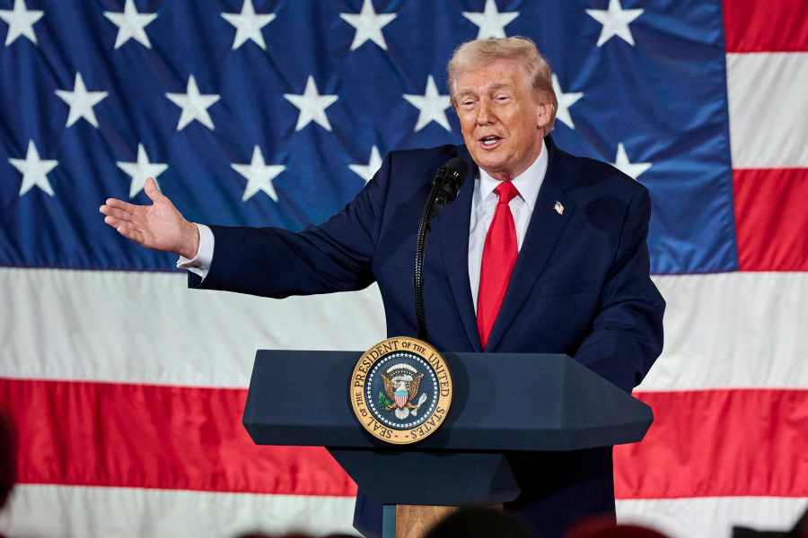President Donald Trump gives remarks to the troops in Fort Bragg, N.C., Friday, Feb. 13, 2026.
