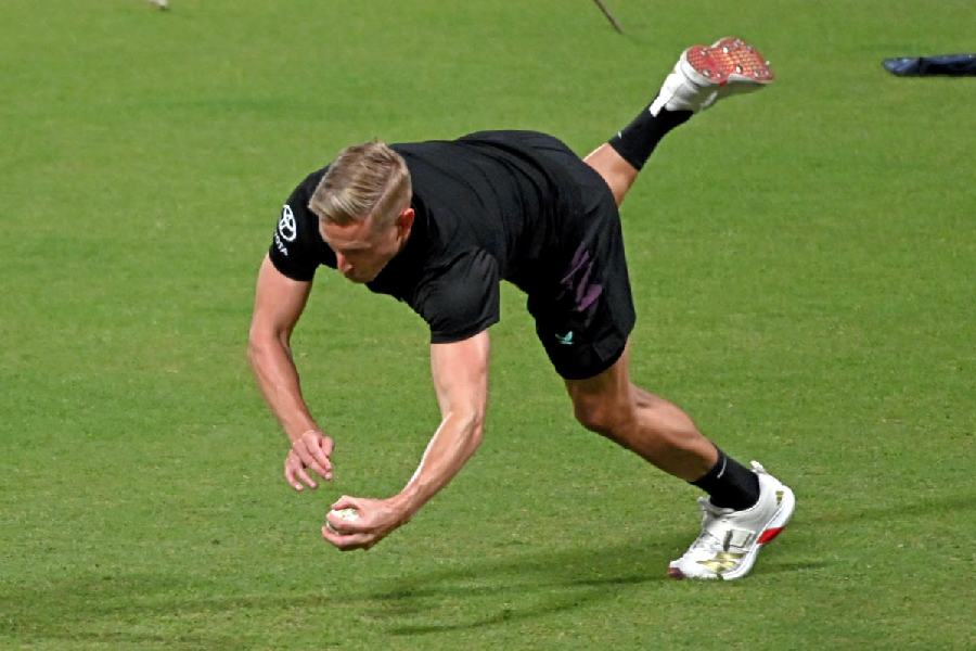 England’s Luke Wood dives during fielding practice atEden Gardens on Friday.