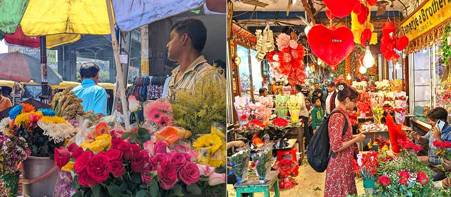 Flower markets at Lake Market, New Market and Gariahat saw brisk business since morning — buckets overflowed with red, pink and yellow roses, along with bright chrysanthemums and baby’s breath