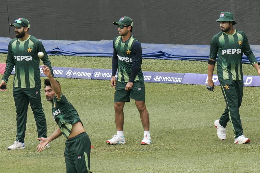 Pakistan's players during a practice session ahead of an ICC Men's T20 World Cup 2026 cricket match between India and Pakistan, at R Premadasa Stadium, in Colombo