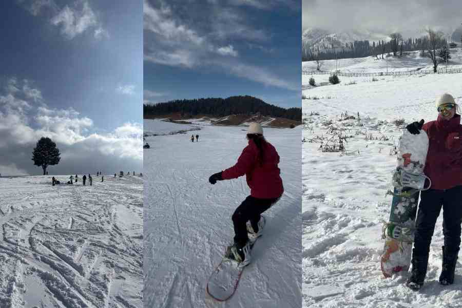 The slopes of Gulmarg with snowboarders and skiers on them, Practicing balance during early snowboarding lessons, Holding the snowboard after completing the 10-day training