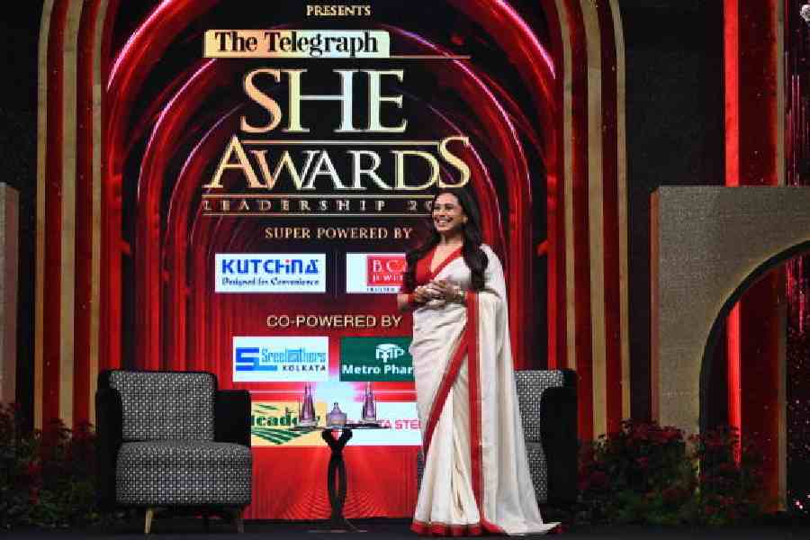 Rani Mukerji at The Telegraph She Awards 2026, presented by Secret Temptation and The Bhawanipur Education Society College, super-powered by Kutchina and B.C. Sen Jewellers and co-powered by Sreeleathers, Metro Pharma, Meadowkart, and Rungta Steel, held on February 11 at JW Marriott Kolkata