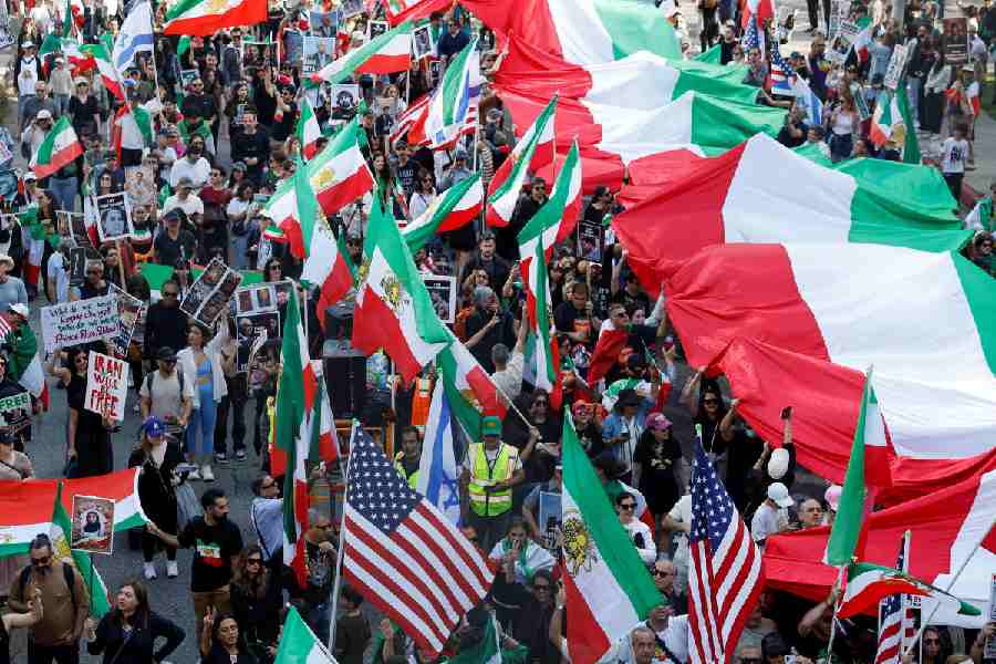 People take part in a rally in support of Iranian protesters during a global day of action in Los Angeles, California, US, February 14, 2026.