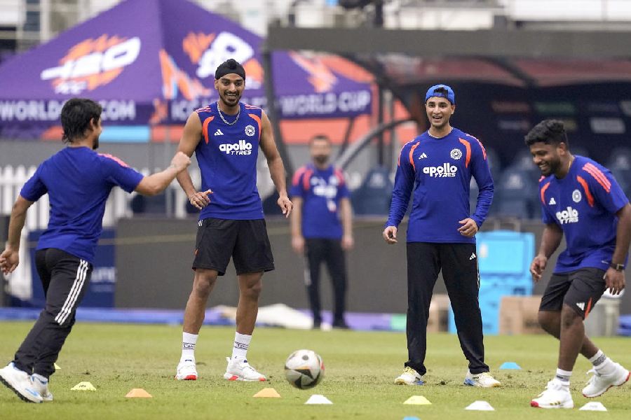 India's Ishan Kishan, Arshdeep Singh, Abhishek Sharma and Sanju Samson during a practice session ahead of an ICC Men's T20 World Cup 2026 cricket match between India and Pakistan, at R Premadasa Stadium, in Colombo, Feb. 14, 2026.