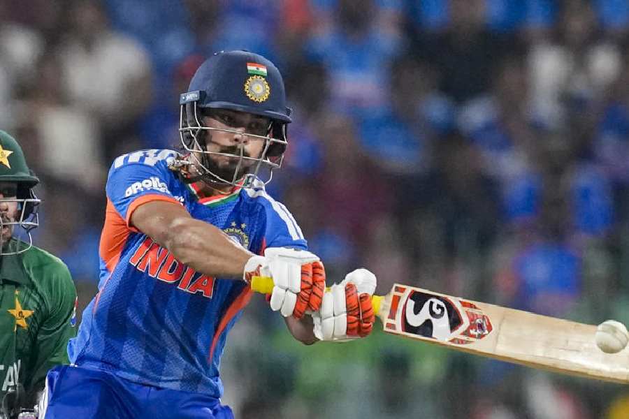 India's Ishan Kishan plays a shot during an ICC Men's T20 World Cup 2026 cricket match between India and Pakistan, at R Premadasa Stadium, in Colombo