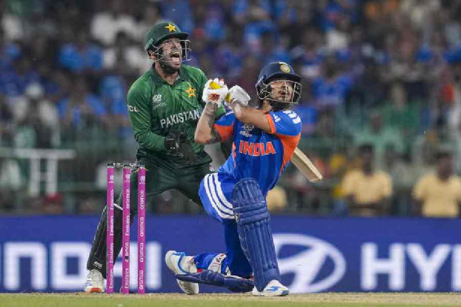 Ishan Kishan unleashes one of his big shots in the Group A match against Pakistan in Colombo on Sunday. Ishan stole the show with a sparkling innings of 77 off 40 balls.