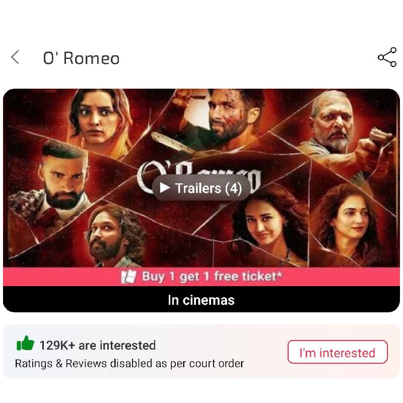 A screengrab of 'O'Romeo' BookMyShow page