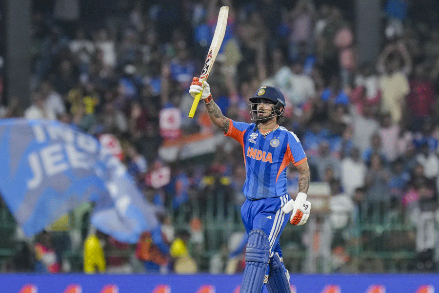 India's Ishan Kishan celebrates his half century during an ICC Men's T20 World Cup 2026 cricket match between India and Pakistan, at R Premadasa Stadium, in Colombo, Sri Lanka, Sunday, Feb. 15, 2026.
