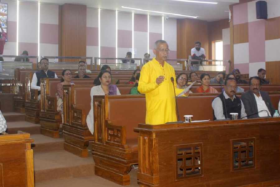 Mayor Gautam Deb addresses the discussion on the budget of the Siliguri Municipal Corporation on Monday.