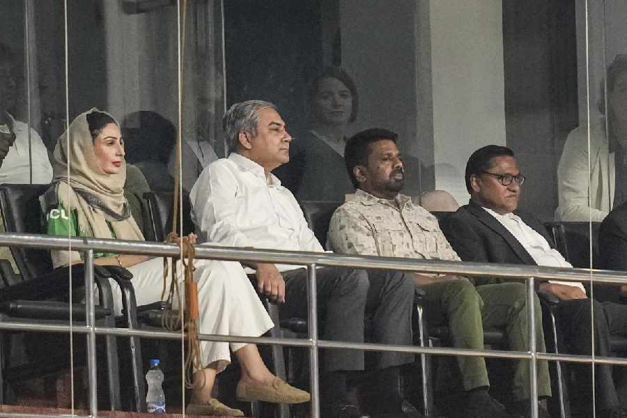 PCB chairman Mohsin Naqvi (left) with Sri Lanka President Anura Kumara Dissanayake at the Premadasa during the match on Sunday.