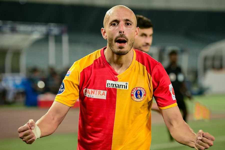 East Bengal’s Youssef Ezzejjari celebrates scoring his second goal against NorthEast United FC during Monday’s ISL-12 match at the Salt Lake Stadium.