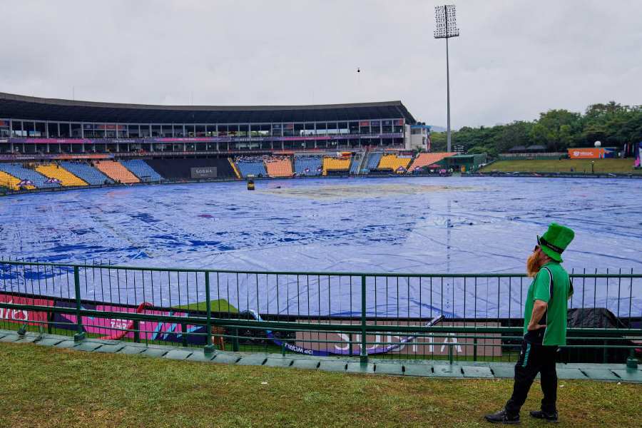 An Irish fan watches the covered ground as rain delayed the start of play during the T20 World Cup match between Ireland and Zimbabwe