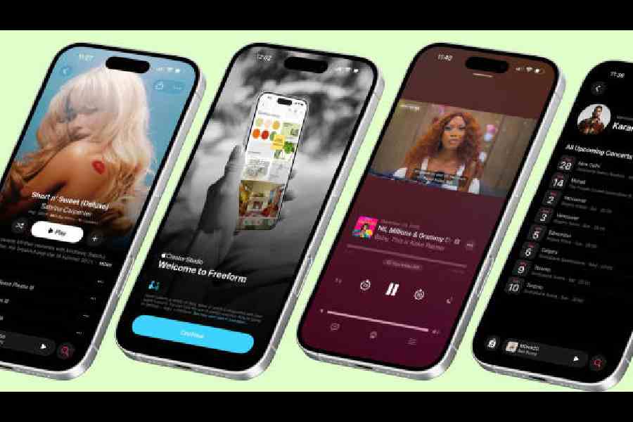 (Left to right) iOS 26.4 developer beta features a new look for album covers on Apple Music, Creator Studio element in Freeform, video podcast and ‘concerts near you’ feature on Apple Music.  Picture: Mathures Paul