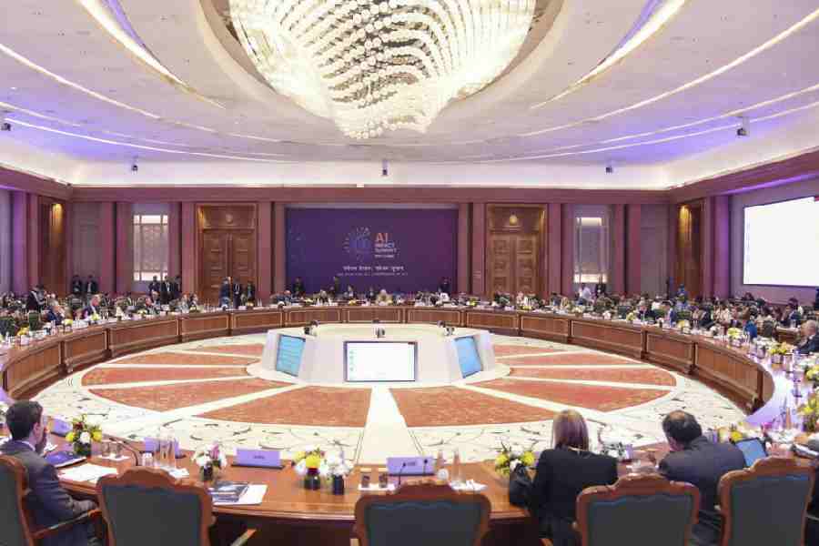 Union Minister Ashwini Vaishnaw with Union Minister of State Jitin Prasada and others at India AI Impact Summit 2026, in New Delhi.