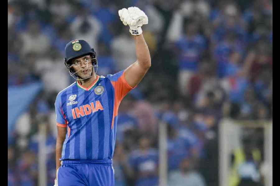 Shivam Dube celebrates after scoring his half-century against the Netherlands in Ahmedabad on Wednesday.