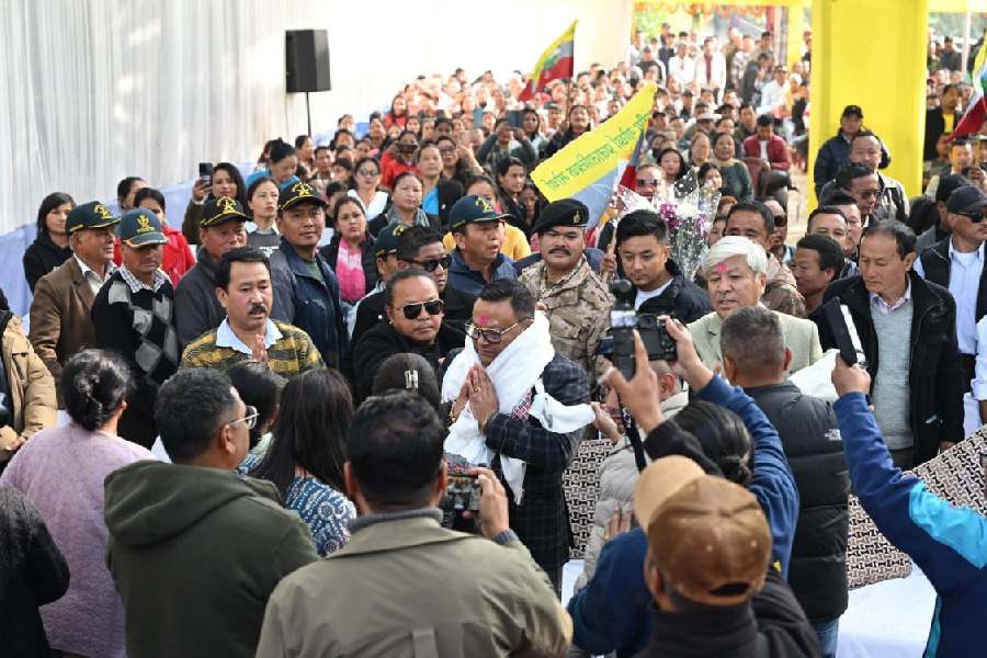 Anit Thapa (hands folded) with Kurseong candidate Amar Lama (white-haired) at Takdah-Glenburn in Darjeeling on February 16