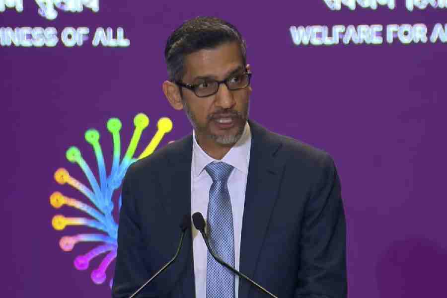 Google CEO Sundar Pichai addresses the gathering during the India AI Impact Summit 2026, in New Delhi.