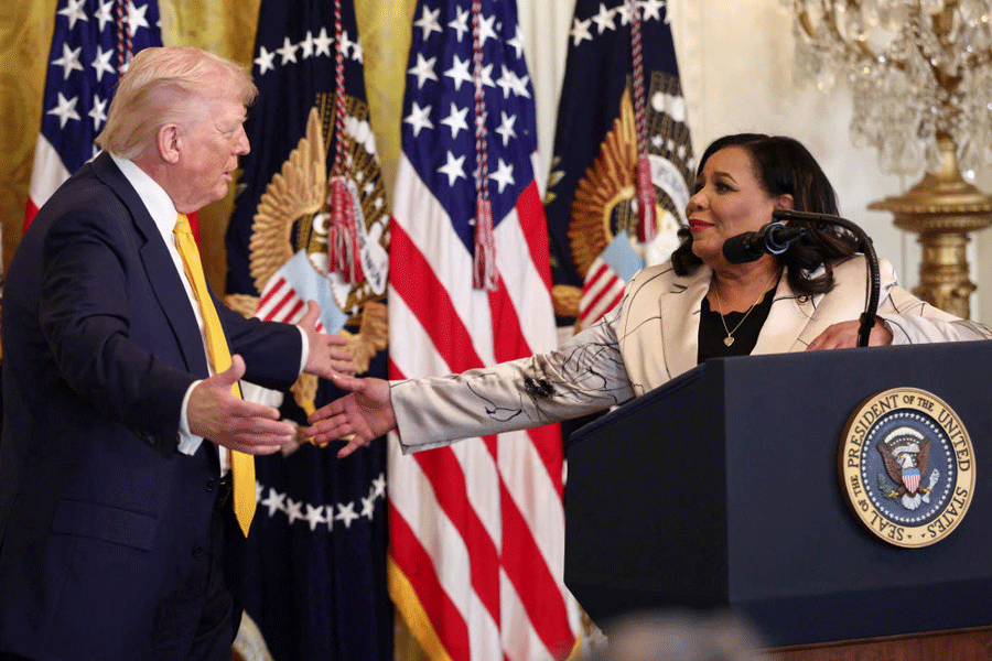 Donald Trump speaks during a Black History Month reception at the White House in Washington