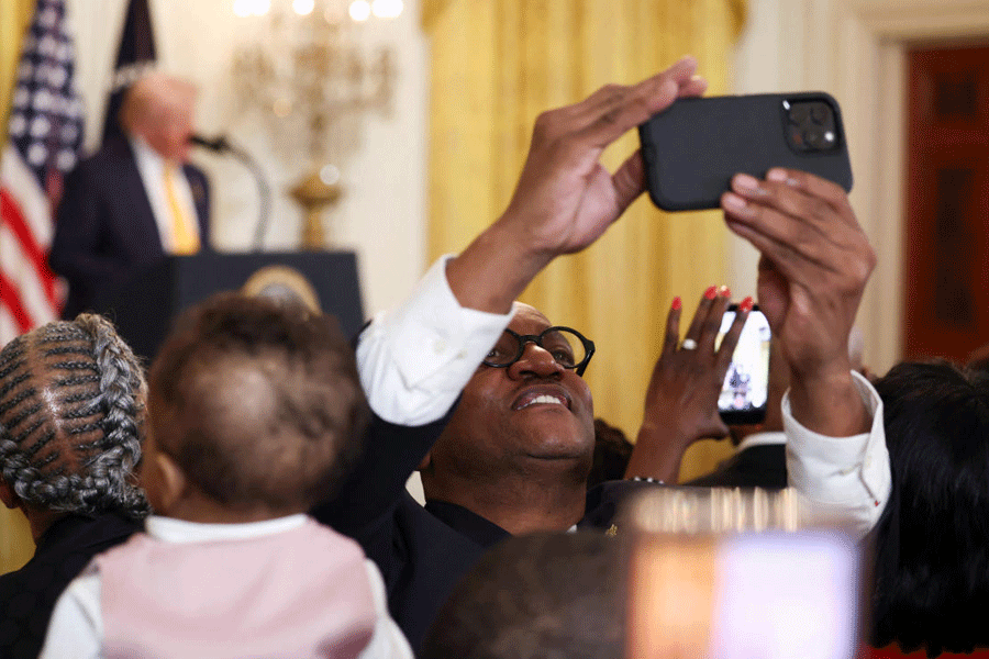 Donald Trump speaks during a Black History Month reception at the White House in Washington