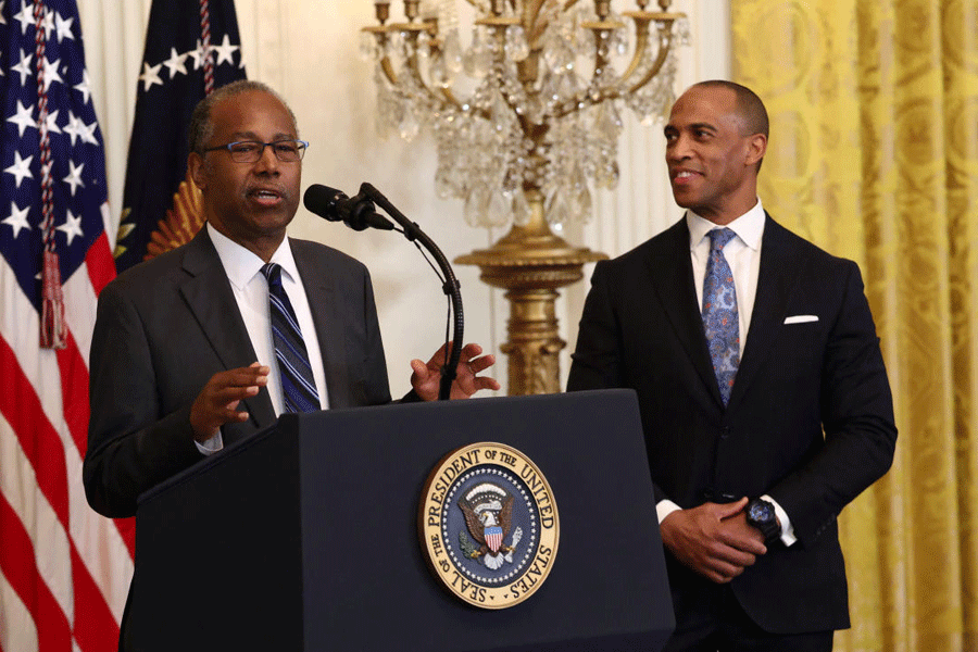 Donald Trump speaks during a Black History Month reception at the White Houe in Washington