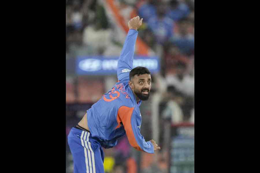 Varun Chakravarthy during his 3/14 against the Netherlands in Ahmedabad on Wednesday.