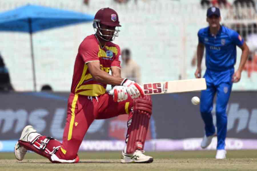 Captain Shai Hope during his 46-ball 75 in West Indies’ 42-run win over Italy at Eden Gardens on Thursday.