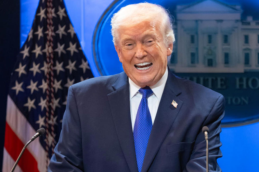 President Donald Trump speaks during a press briefing at the White House, Friday, Feb. 20, 2026, in Washington.