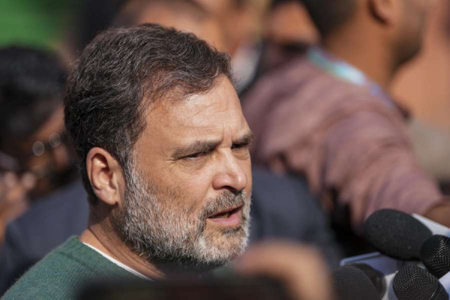 LoP in the Lok Sabha Rahul Gandhi speaks to the media during the Budget session of Parliament, in New Delhi, Monday, Feb. 9, 2026.