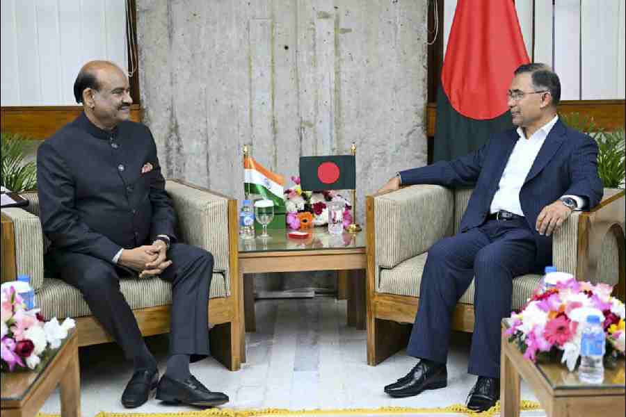 Lok Sabha Speaker Om Birla during a meeting with Bangladesh Prime Minister Tarique Rahman, in Dhaka, Bangladesh.