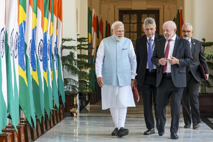 Prime Minister Narendra Modi with Brazilian President Luiz Inacio Lula da Silva during a meeting, at Hyderabad House, in New Delhi