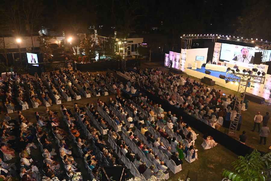 Eminent speakers engaged in a charged exchange at the Calcutta Club–The Telegraph National Debate 2026, themed “Status quo implies Stability? or Stagnation?”, debating the motion ‘Status Quo Has Been the Unmaking of West Bengal’ at Calcutta Club Lawns on Friday, February 21, 2026.
