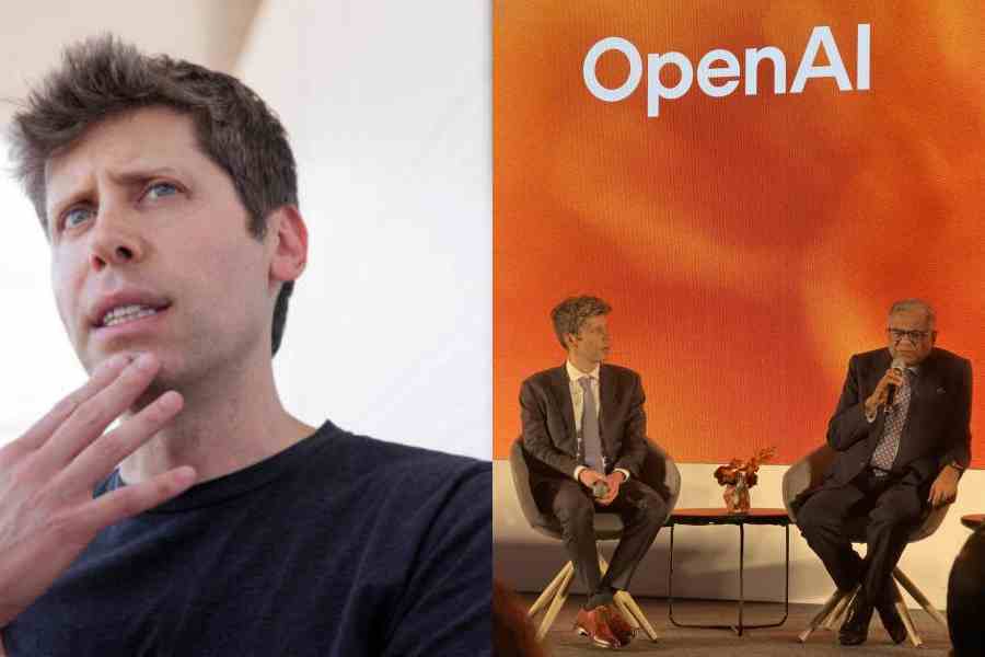 File picture of OpenAI CEO Sam Altman. Sam Altman (left) with Natarajan Chandrasekaran, chairman of Tata Sons and Tata Group, at Travancore Palace, New Delhi, on February 19