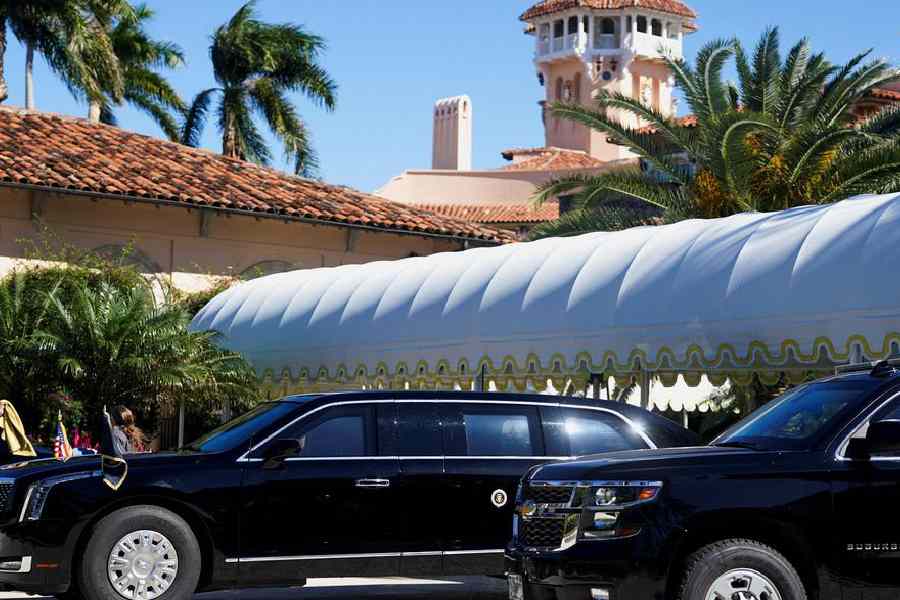 The presidential limousine parked outside at Mar-a-Lago in Palm Beach, Florida, U.S