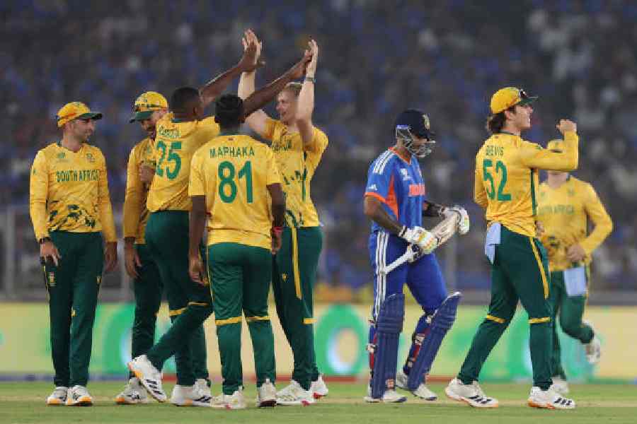 South Africa players celebrate the dismissal of India captain Suryakumar Yadav in Ahmedabad on Sunday. The Proteas thoroughly outplayed India in every department of the game.