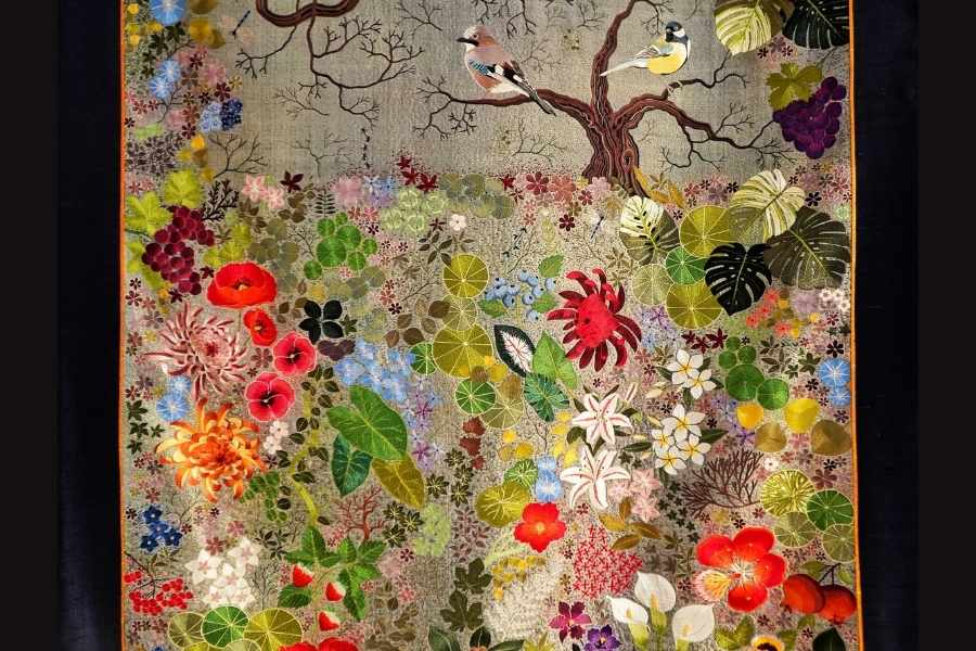 Lahiri’s works reflect her signature use of vivid colours and motifs drawn from nature and Indian mythology 