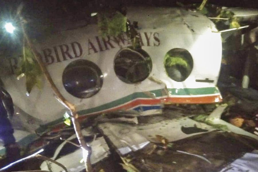 Wreckage of an air ambulance, which carried seven people onboard while on its way from Ranchi to Delhi, after it crashed near Simaria, in Chatra district, Jharkhand, Monday, Feb. 23, 2026.