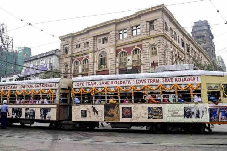 Gitanjali, the vintage tram, on a special heritage run to mark the 153rd anniversary of Calcutta trams on Tuesday. (PTI)