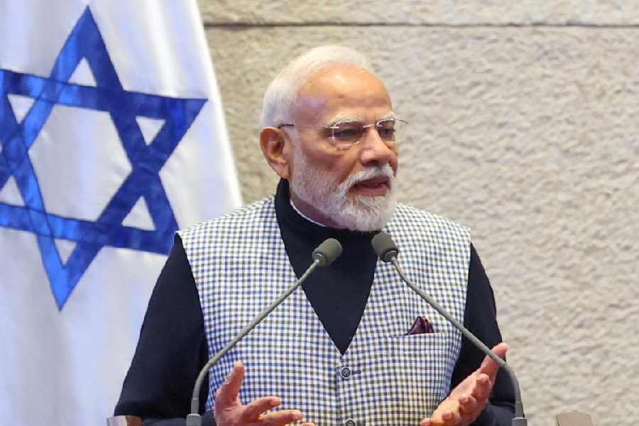 Narendra Modi addresses the gathering at the Knesset, Israeli parliament, in Jerusalem, Israel