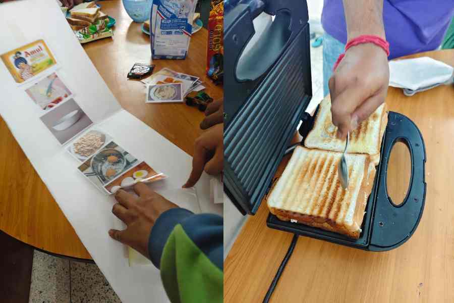 A training session at Saksham; (right) sandwiches being prepared at Jamming Junction