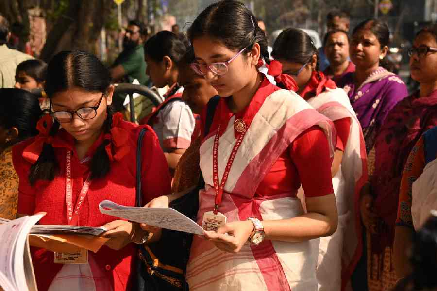 Madhyamik candidates outside Bethune Collegiate School on the first day of the examinations on February 2