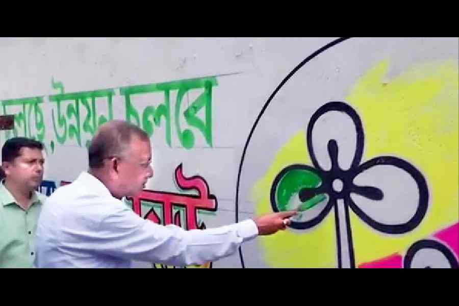 Mayor Gautam Deb paints the Trinamool Congress party symbol in Siliguri on Wednesday.