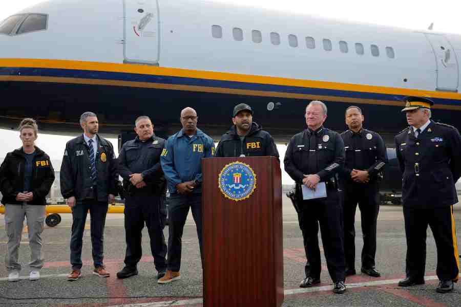 FBI Director Kash Patel announces the apprehension of Ryan Wedding, a former Canadian Olympic snowboarder who was on the FBI's Ten Most Wanted Fugitive list, during a press conference in Ontario, California, U.S., January 23, 2026.