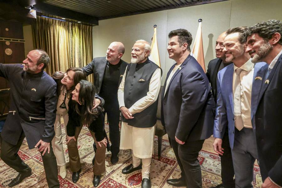 In this image recieved on Feb. 26, 2026, Prime Minister Narendra Modi during an interaction with Israeli Film Artists, in Israel.