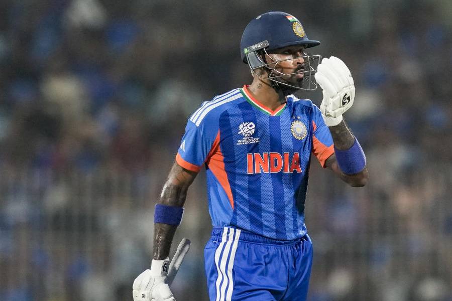 India's Hardik Pandya celebrates his half century during an ICC Men's T20 World Cup 2026 cricket match between India and Zimbabwe, at the MA Chidambaram Stadium, in Chennai, Thursday, Feb. 26, 2026.