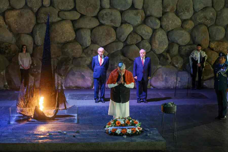 Prime Minister Narendra Modi during his visit to Yad Vashem, the World Holocaust Remembrance Centre, with Benjamin Netanyahu in Jerusalem on Thursday.