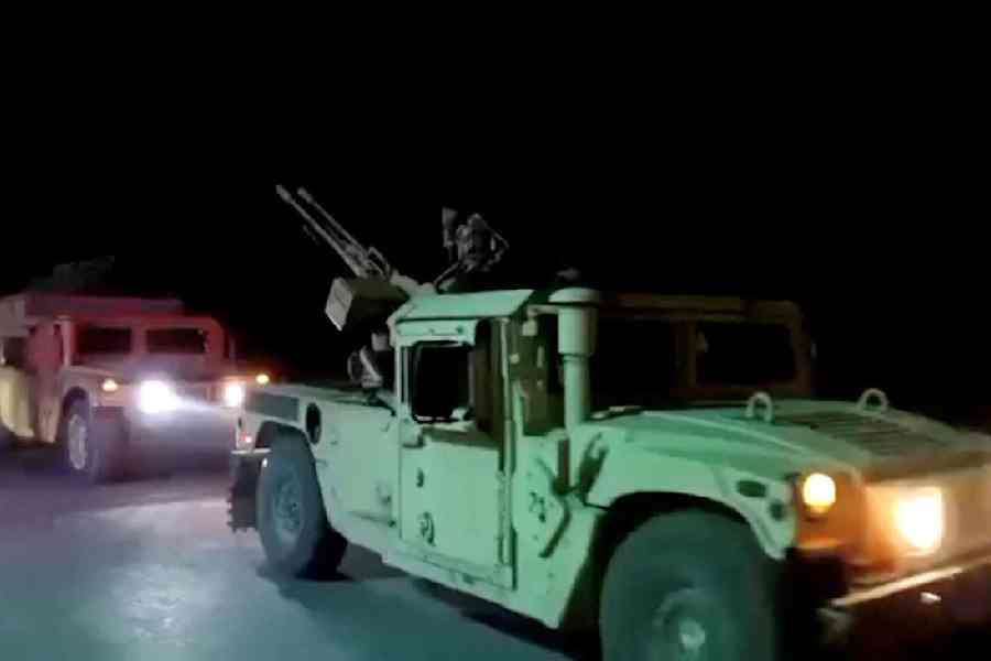 Military vehicles move on a road in a location given as Nangarhar, Afghanistan, in this screengrab from a handout video released on February 26, 2026.